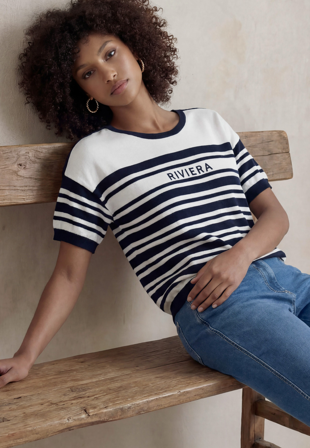 PULL MANCHE COURTE - LAGUNE - BLANC/MARINE - Un Jour Ailleurs