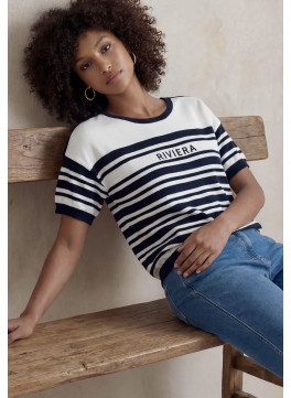 PULL MANCHE COURTE - LAGUNE - BLANC/MARINE - Un Jour Ailleurs