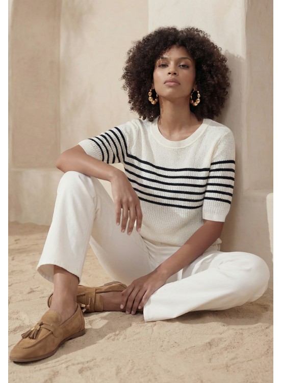 PULL MANCHE COURTE - LOANEC - OFF WHITE/MARINE - Un Jour Ailleurs