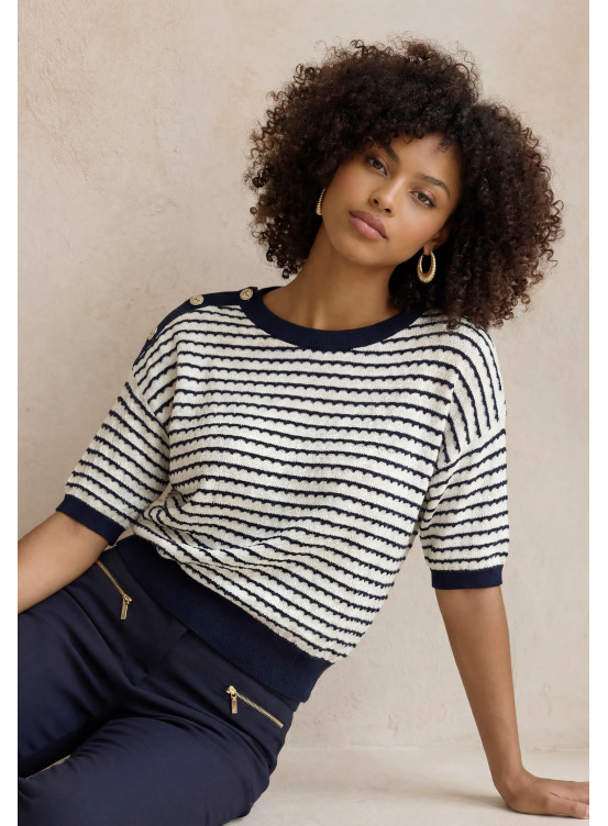 PULL MANCHE COURTE - LORIENT - OFF WHITE/MARINE - Un Jour Ailleurs