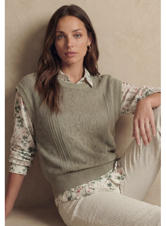 PULL MANCHE COURTE 100% COTON - LIANE - ARGILE