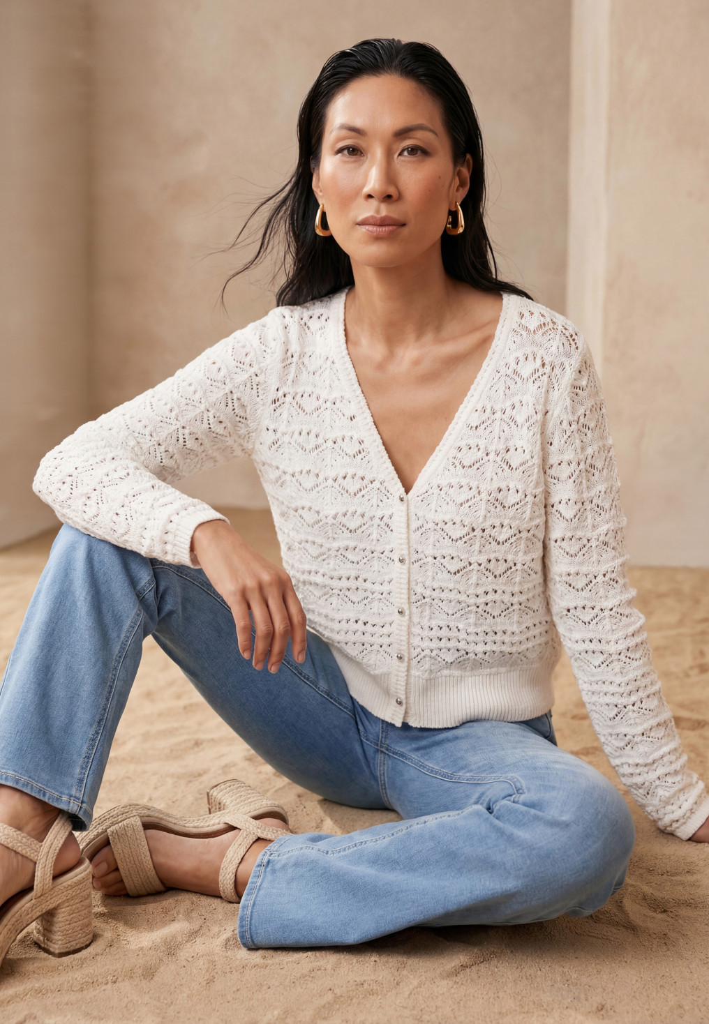 GILET MANCHES LONGUES 100% COTON - LITCHI - CREME - Un Jour Ailleurs