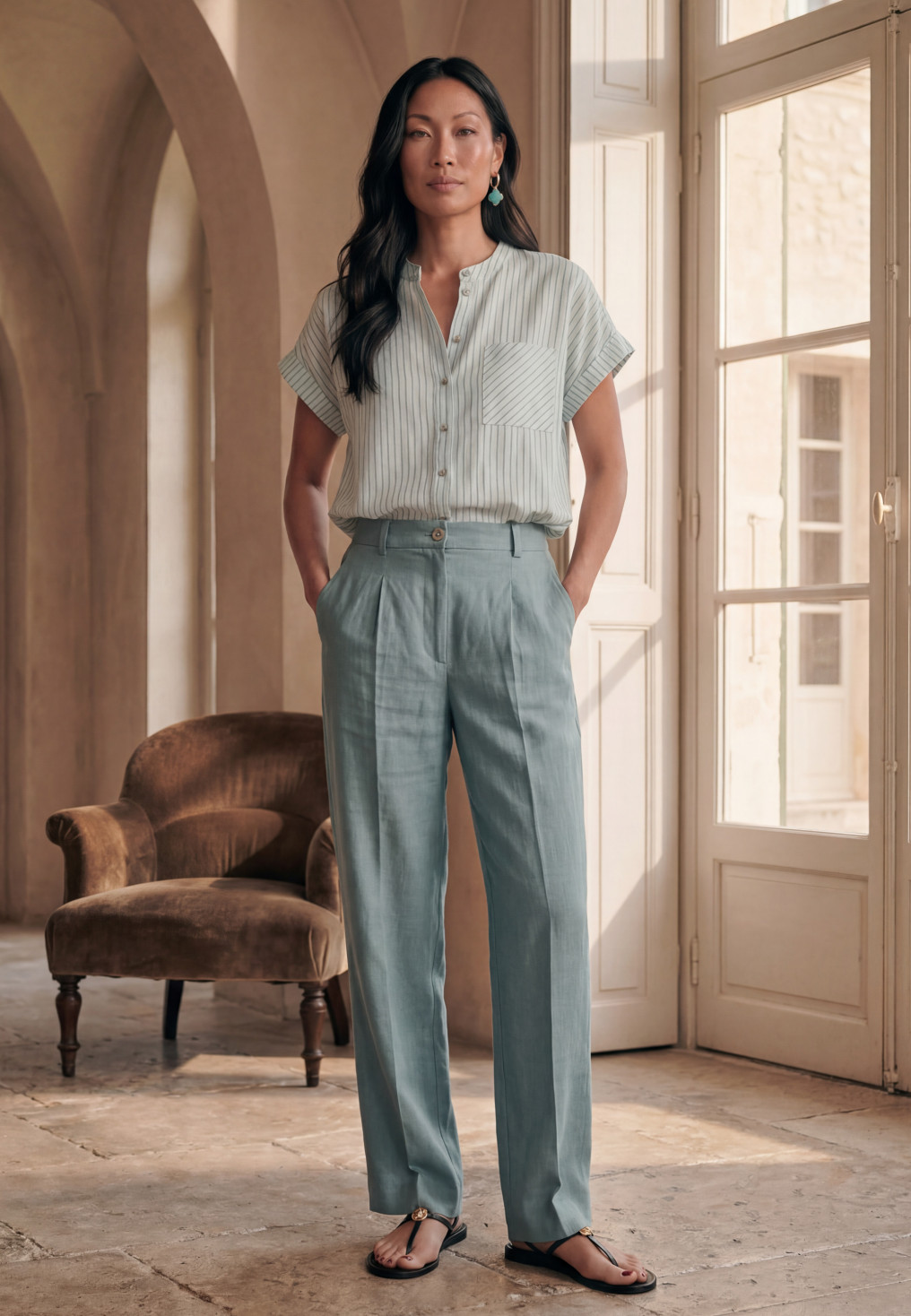PANTALON 100% LIN - LARYA - LAGON - Un Jour Ailleurs